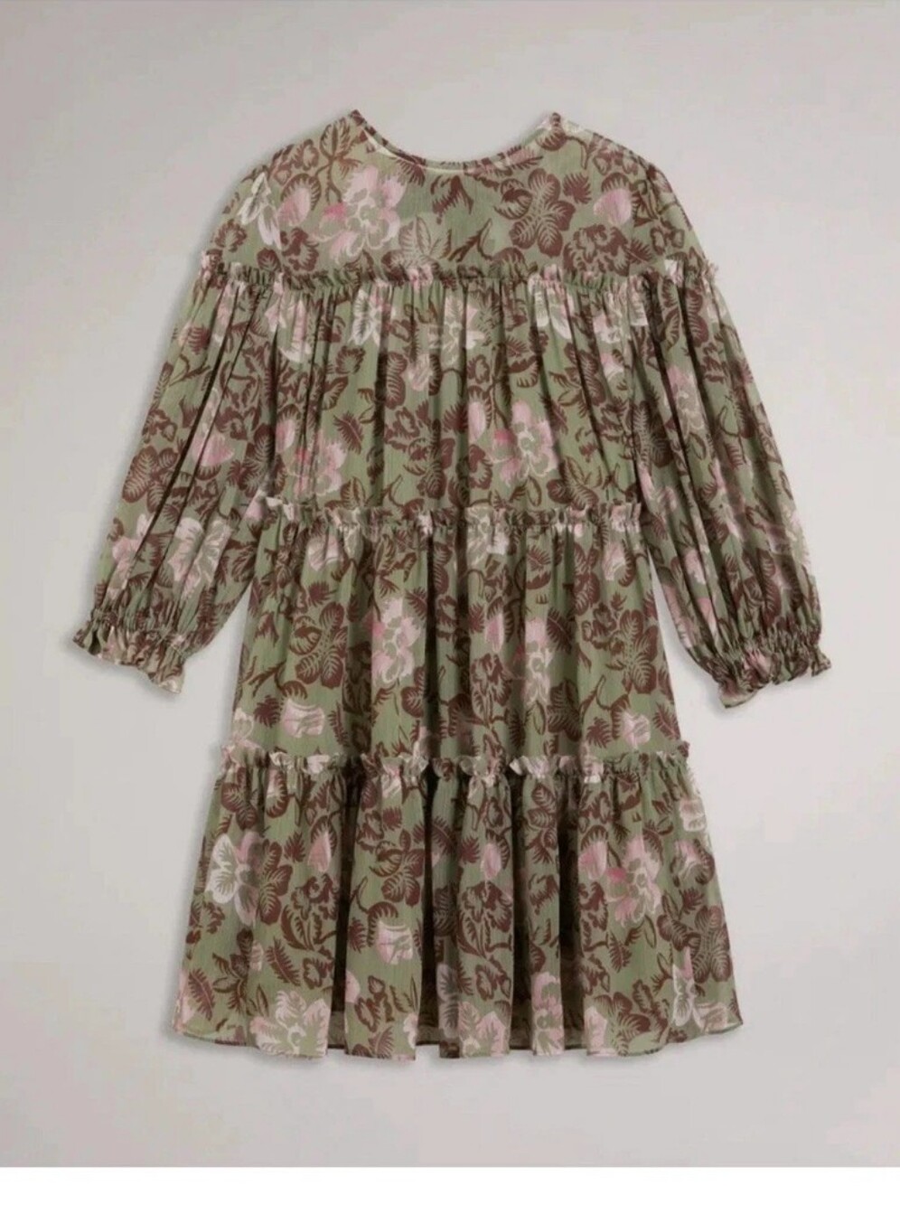 Ted Baker Olive and Pink Floral Tiered Mini Dress - Picture 4 of 11